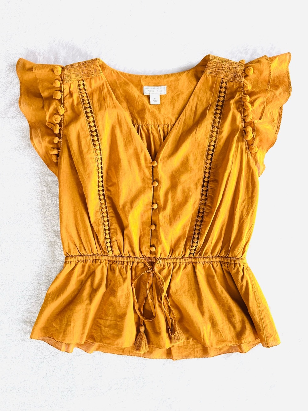 J. Crew Point Sur Pom-Pom Flutter Sleeve V-Neck Blouse, Yellow Gold, Size S